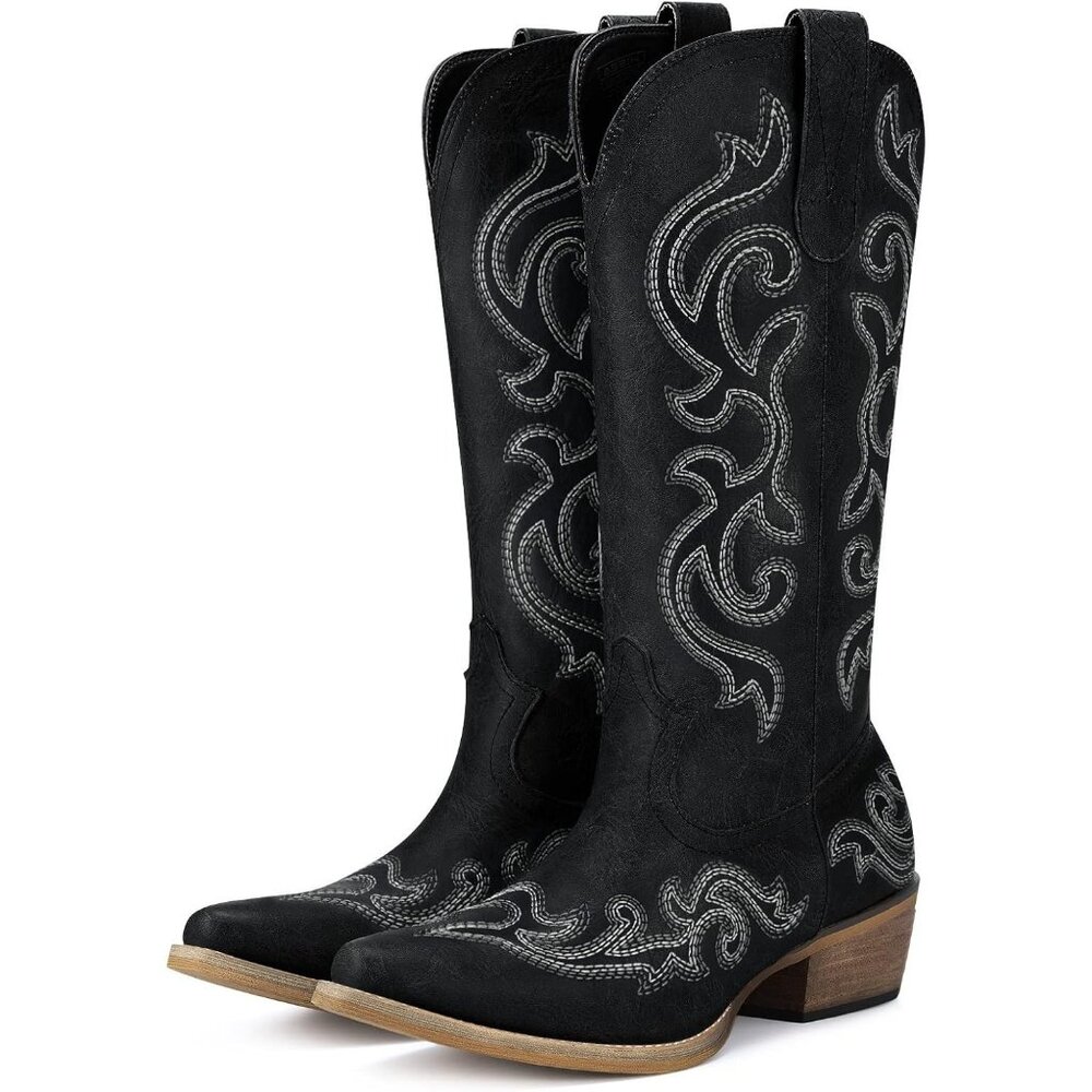 ⚡Women Metal Black Synthetic Leathers Cowgirl Chunky Heel Snip Toe Mid-Calf Boot